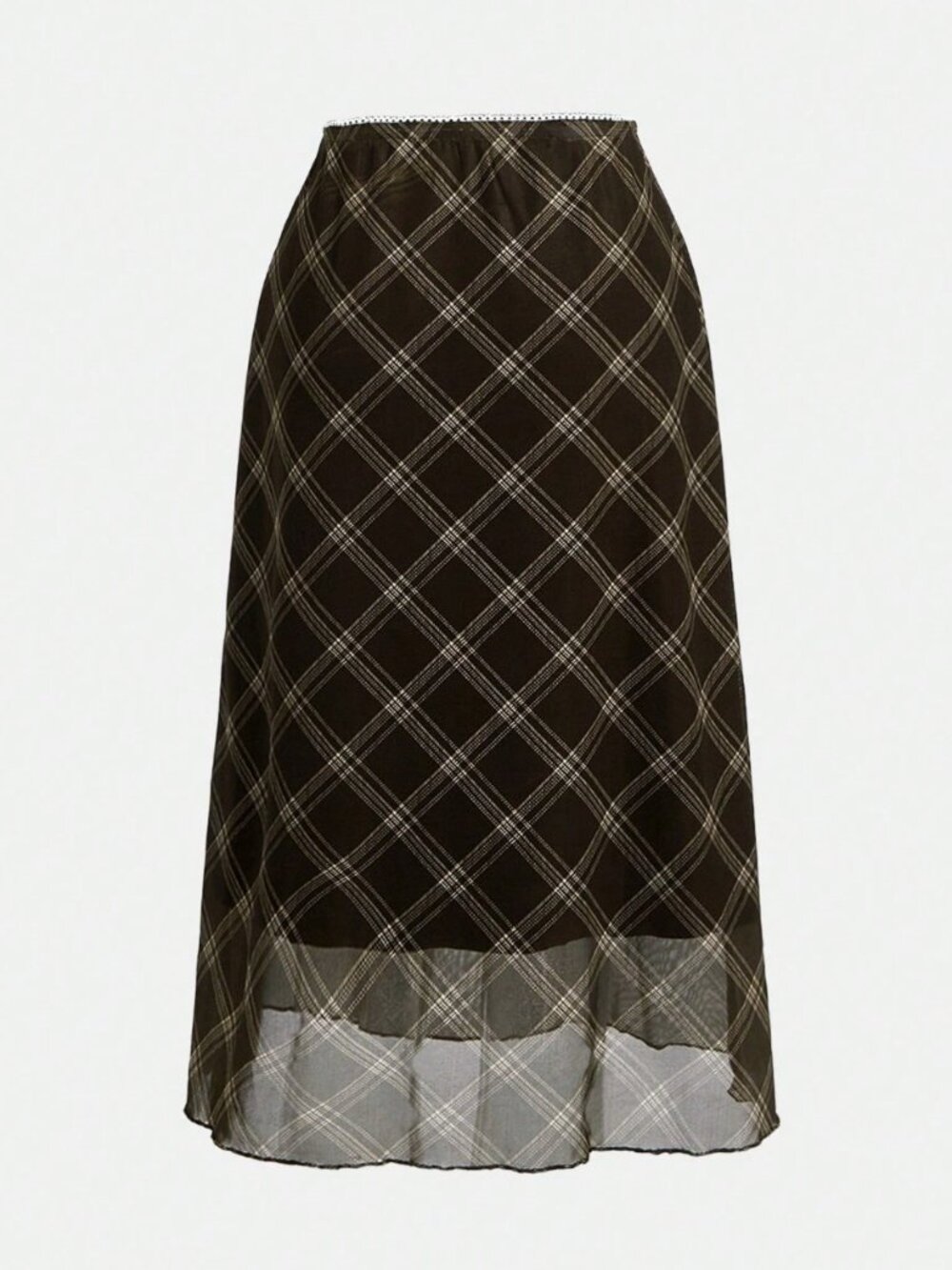 ROMWE Academia Plaid Print Mesh Overlay Skirt